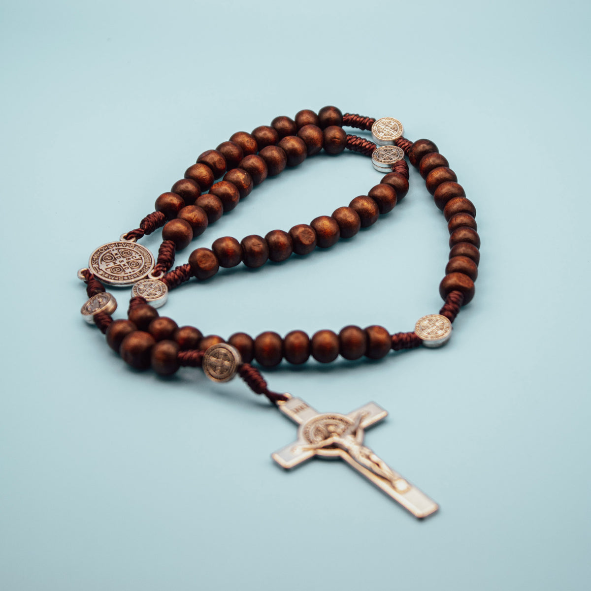 Petite Saint Benedict wooden rosary with brown genuine wood beads, Saint Benedict medals and crucifix