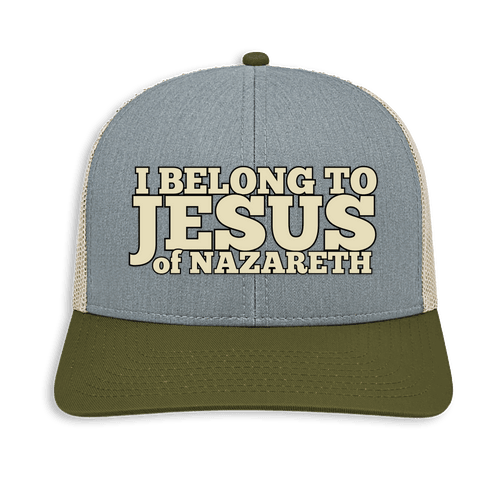 Trucker hat with 'I Belong to Jesus of Nazareth' text on a clear background