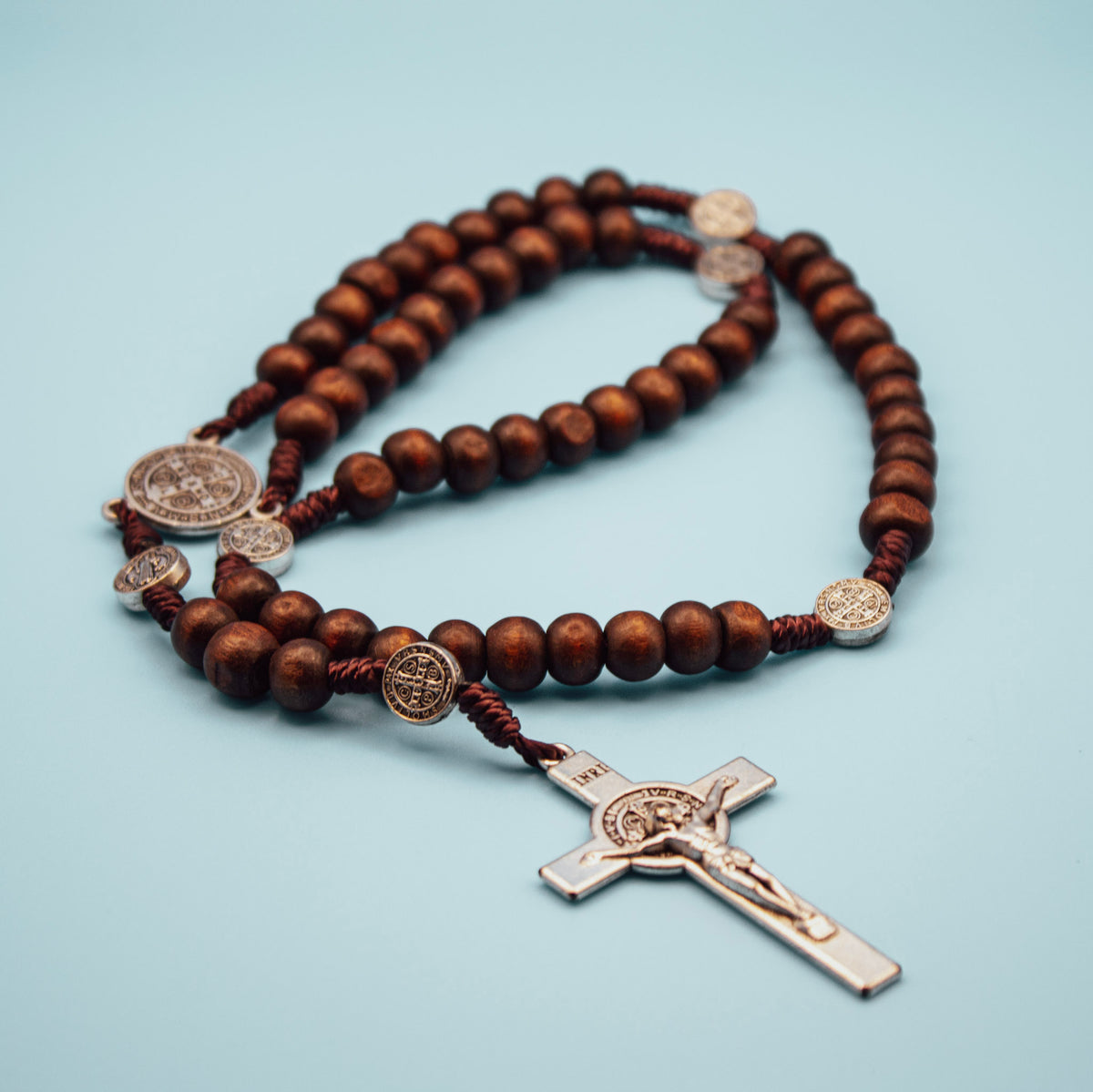 Petite Saint Benedict wooden rosary with brown genuine wood beads, Saint Benedict medals and crucifix