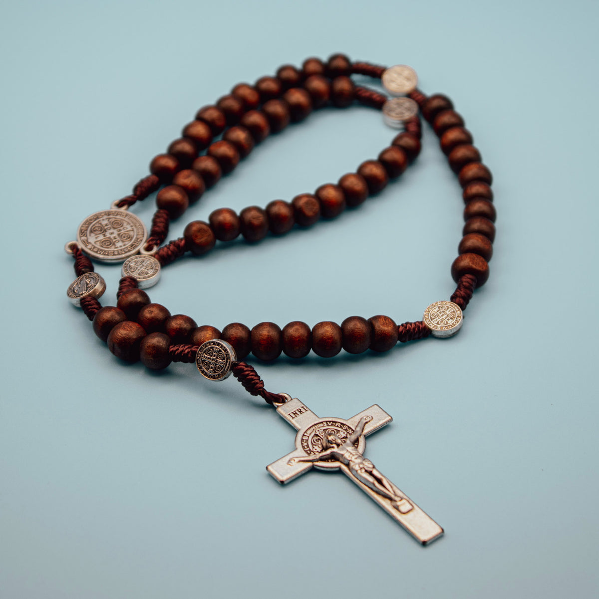 Petite Saint Benedict wooden rosary with brown genuine wood beads, Saint Benedict medals and crucifix