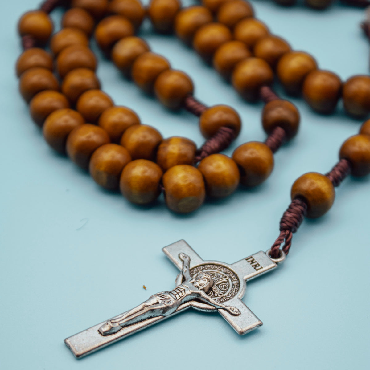 Saint Benedict crucifix on handmade wooden Catholic Rosary