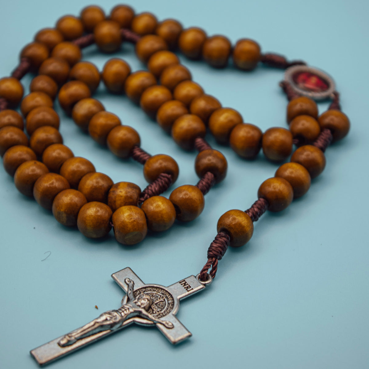 Brown wood bead Rosary with Saint Benedict crucifix