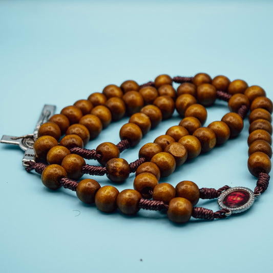 Holy Face and Saint Benedict wooden Rosary with brown beads