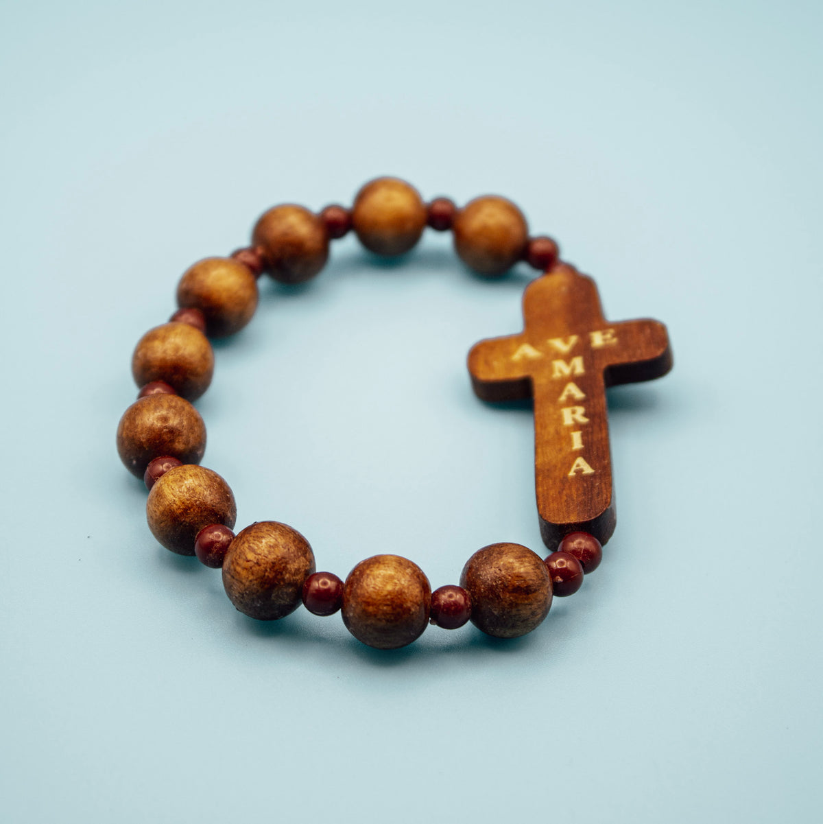 Stretch decade Rosary bracelet with 8–10mm wooden beads