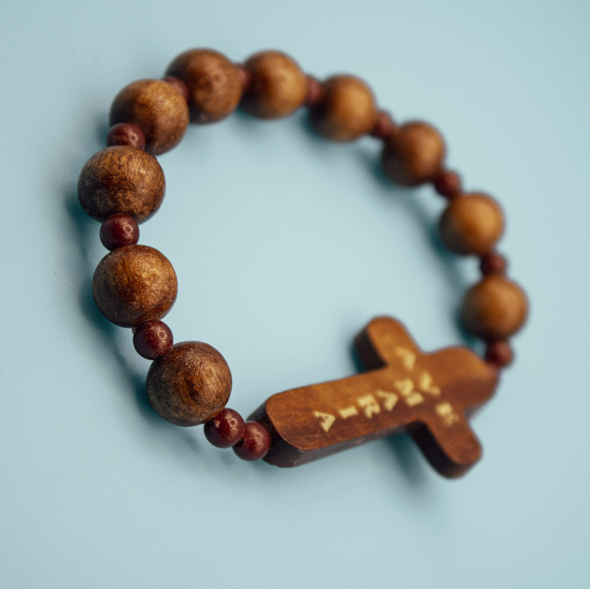 Ave Maria wooden decade Rosary bracelet with brown wood beads