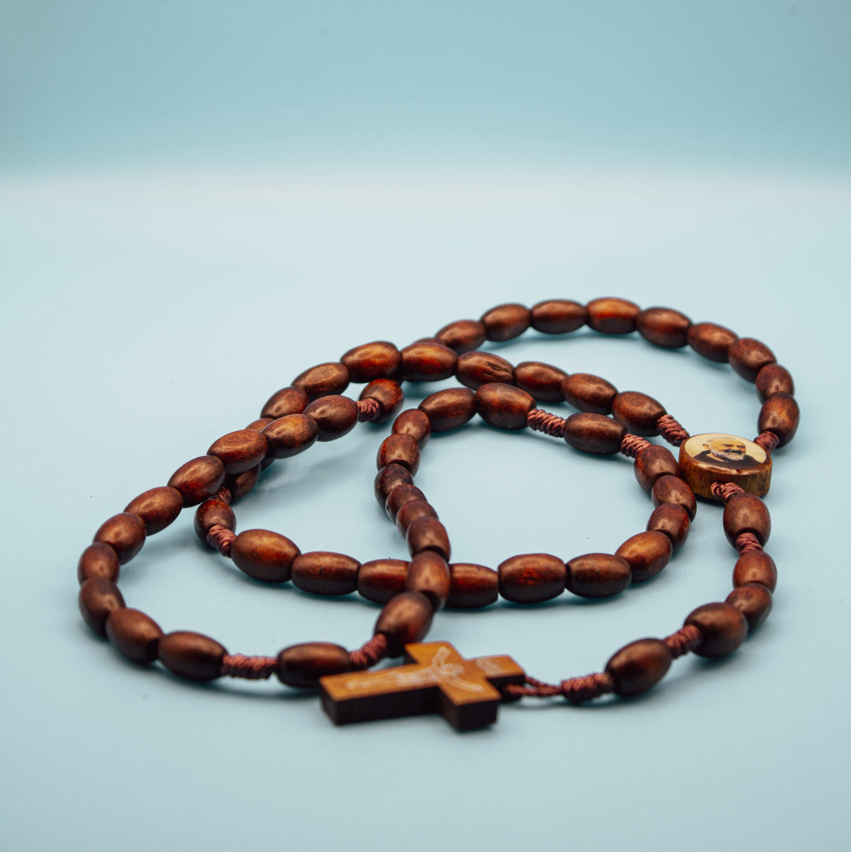 Padre Pio oval-bead wooden Catholic Rosary