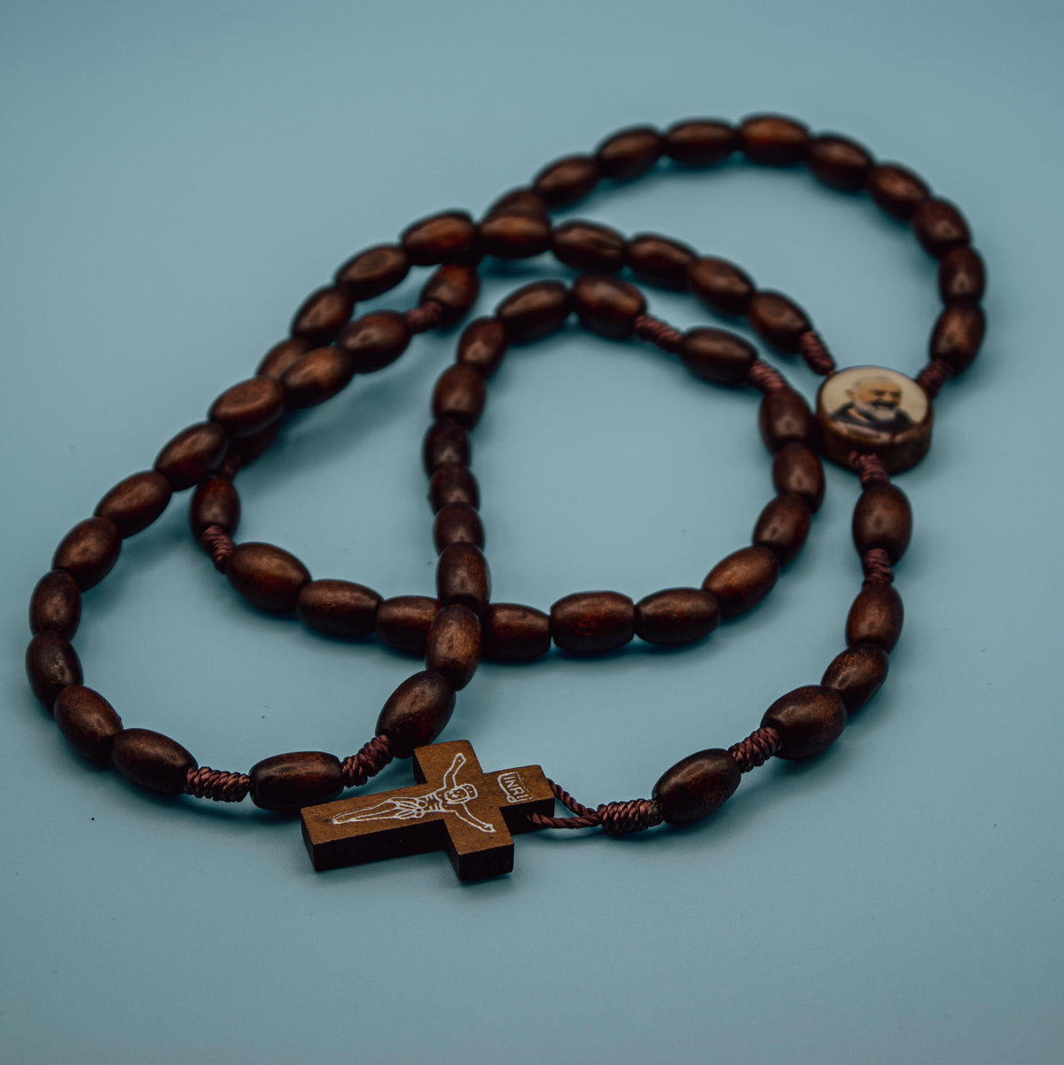 Full five-decade Padre Pio Rosary with brown wood beads