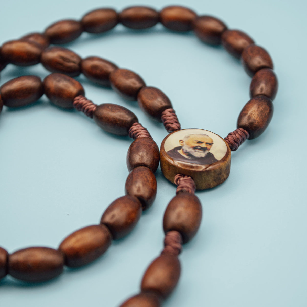 Padre Pio wooden Rosary with oval brown wood beads