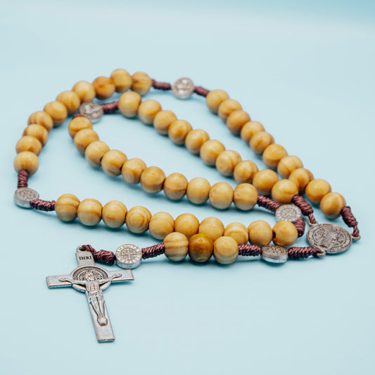 Saint Benedict Medal wooden Rosary with natural round wood beads