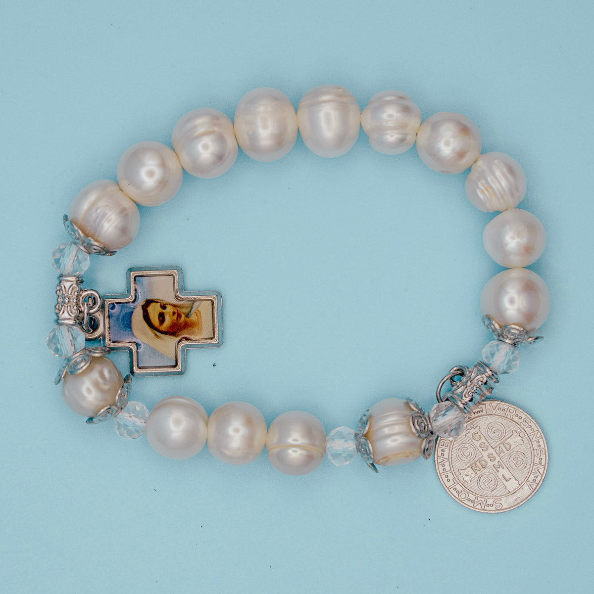 Pearl-style Catholic rosary bracelet with Blessed Mother image