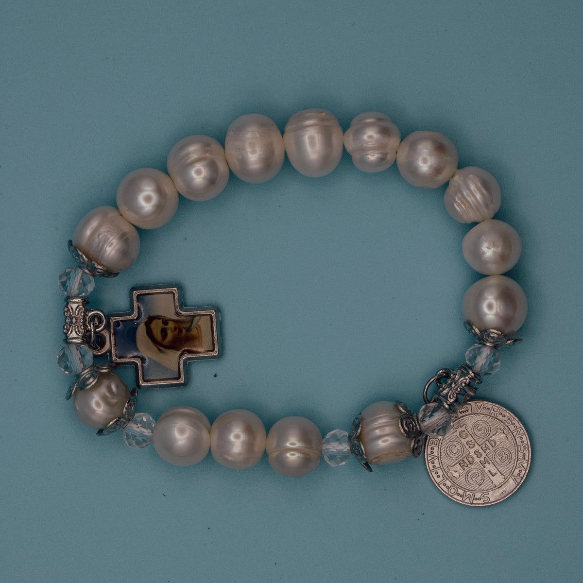 Pearl-style Catholic rosary bracelet with Blessed Mother image and St. Benedict medal