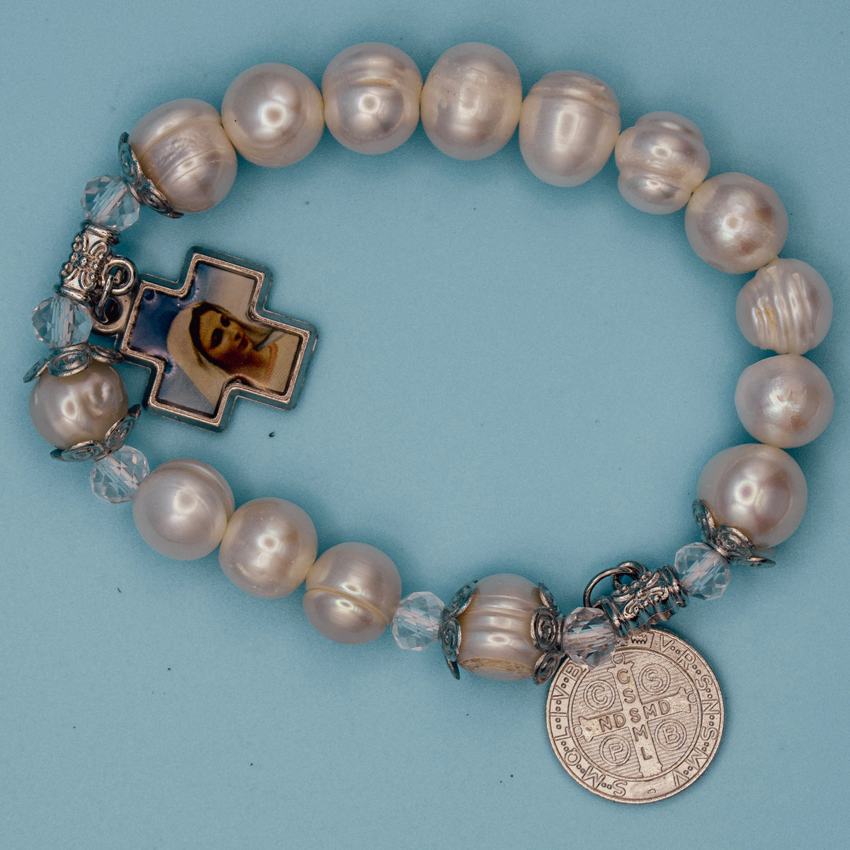 Pearl-style Catholic rosary bracelet with Blessed Mother image and St. Benedict medal