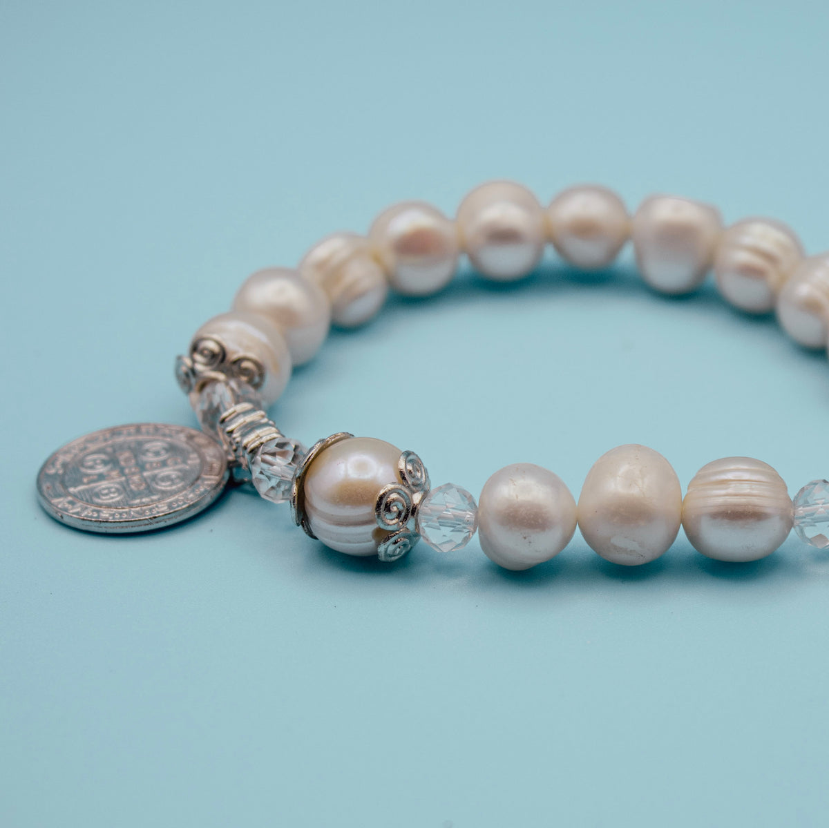 Saint Benedict Medal on pearl-style Catholic rosary bracelet