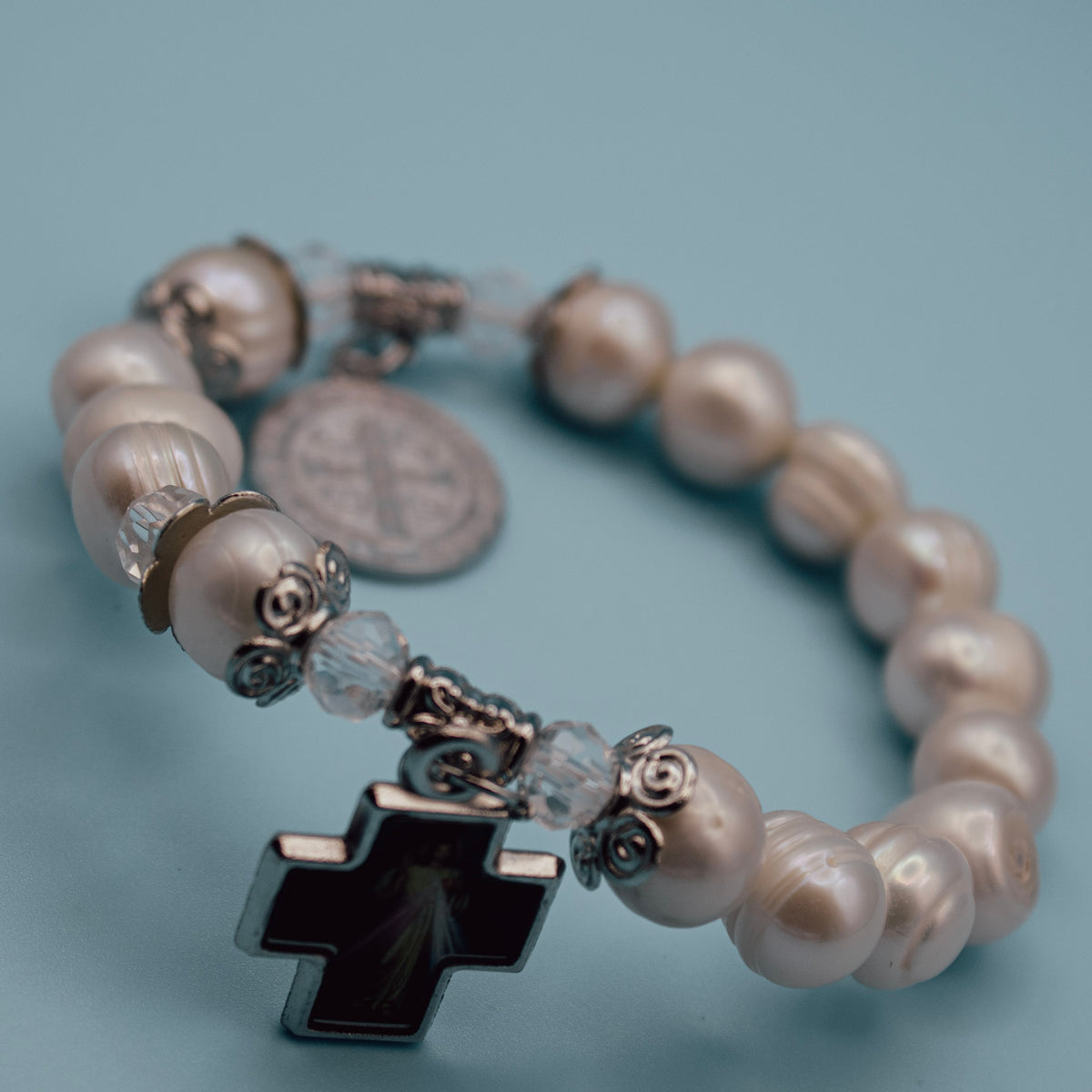 Divine Mercy devotional cross on pearl-style rosary bracelet