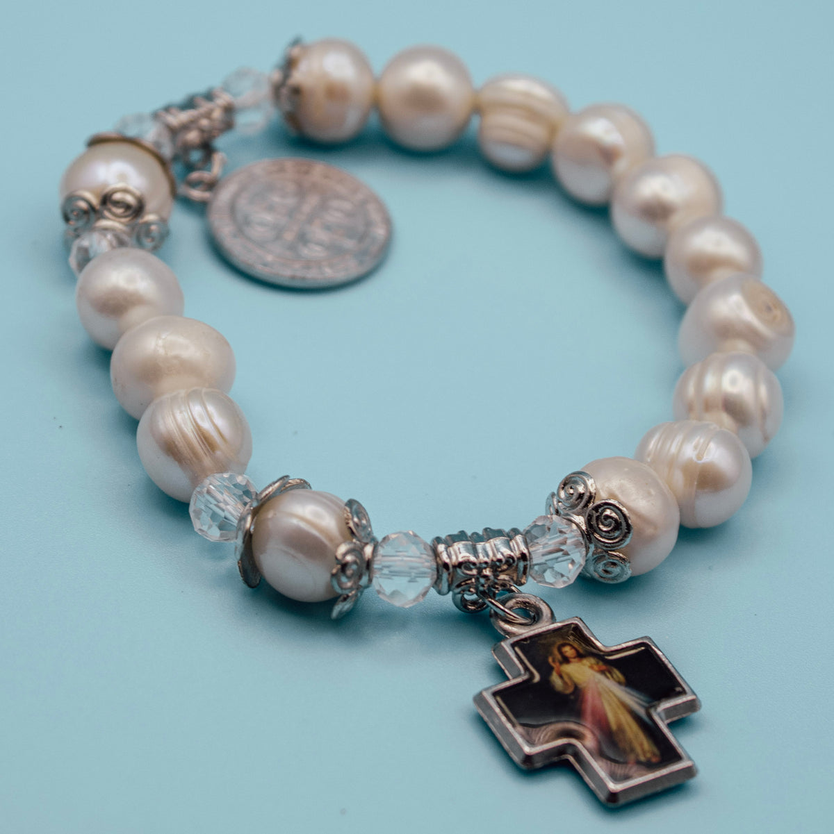 Pearl-style Catholic rosary bracelet with Divine Mercy image
