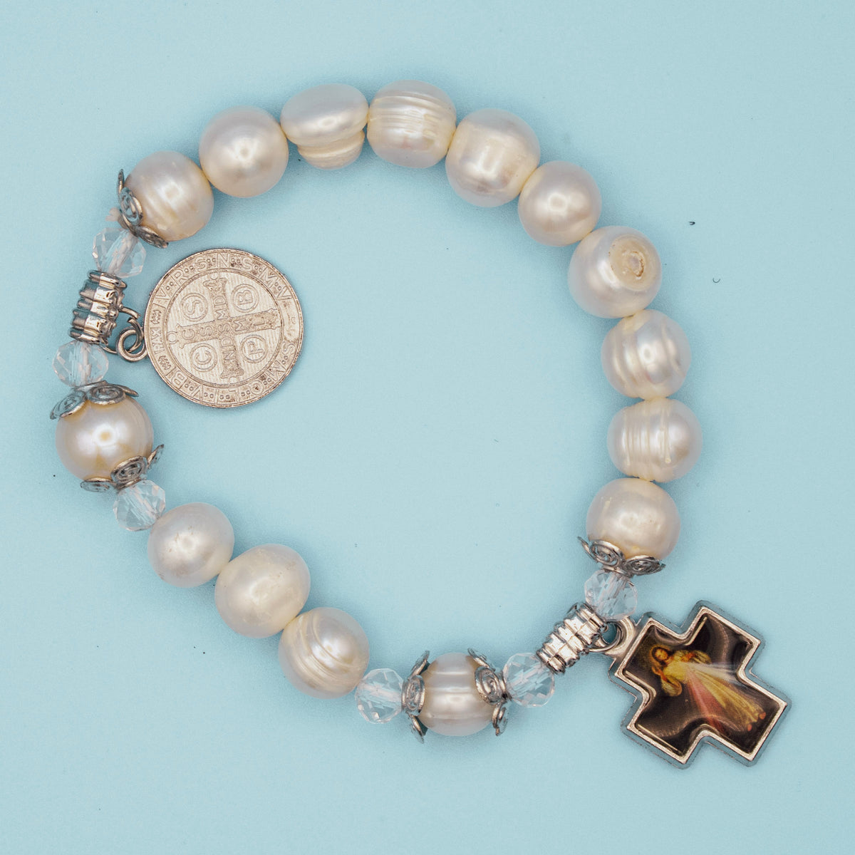 - Divine Mercy rosary bracelet with pearl-style beads