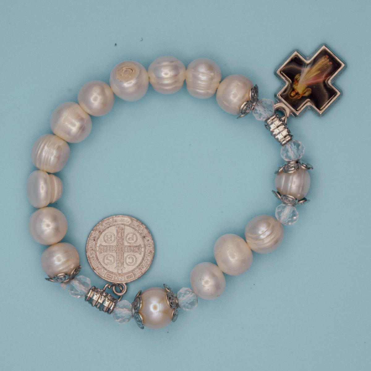 Divine Mercy devotional cross on pearl-style rosary bracelet