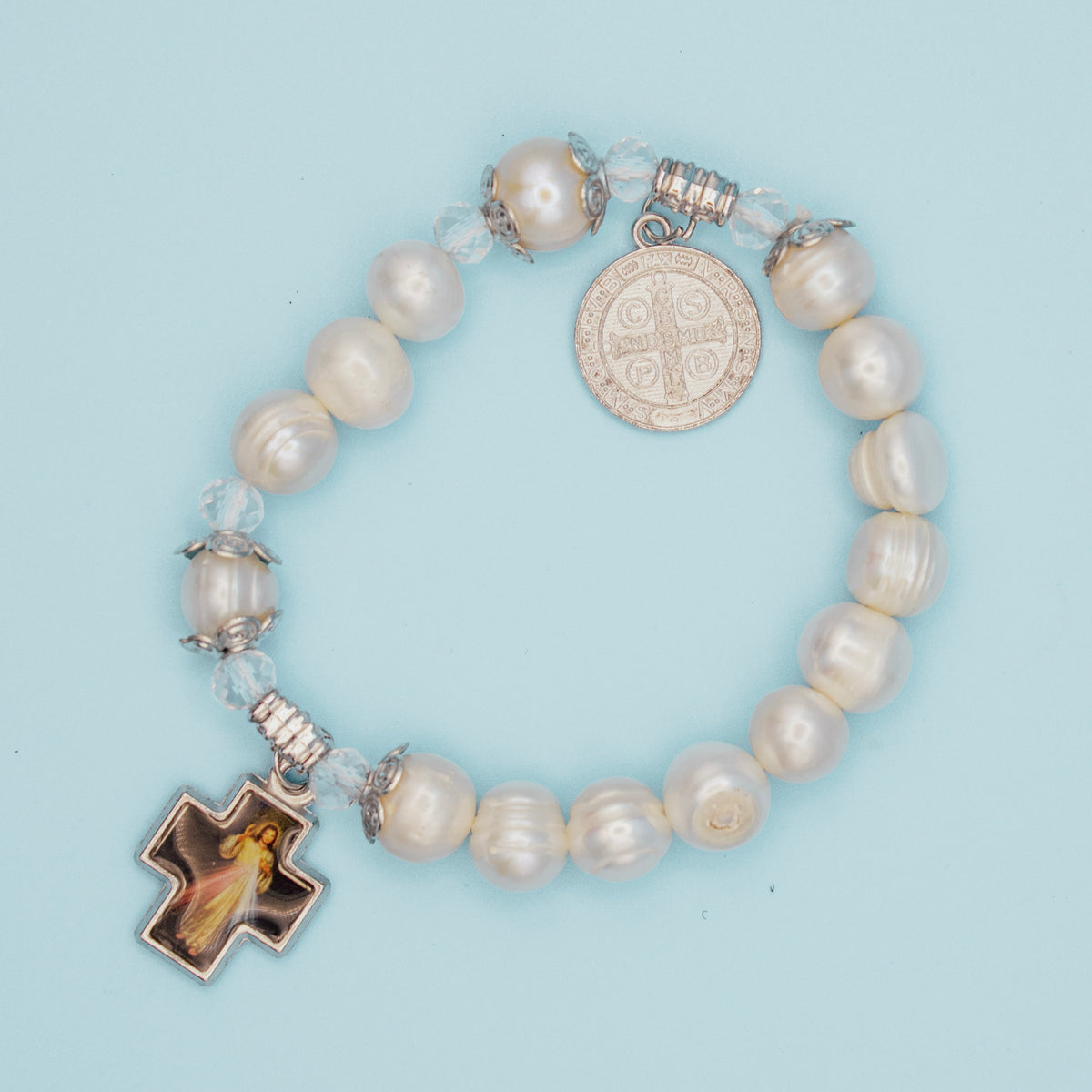 Pearl-style Catholic rosary bracelet with Divine Mercy image