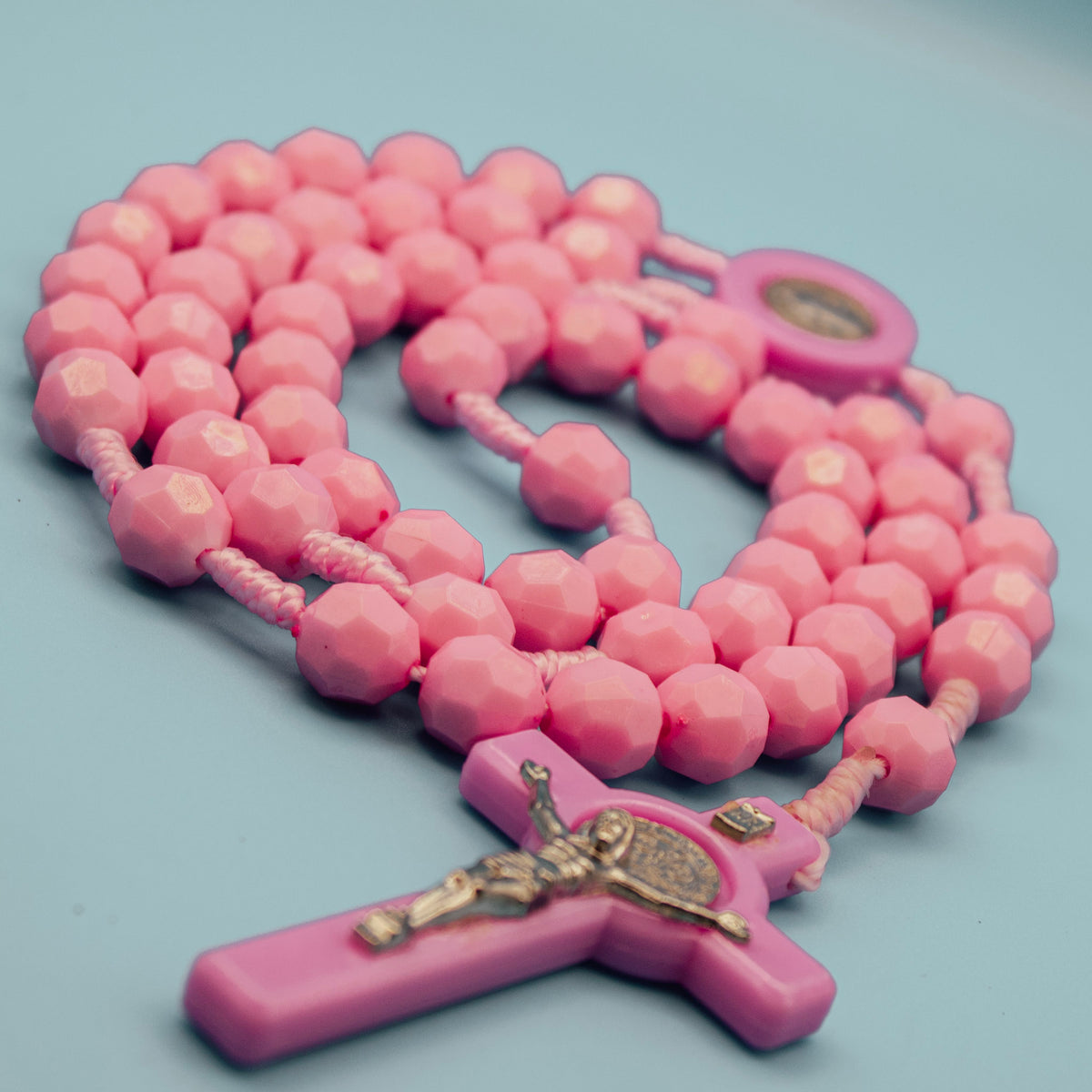 Pink Saint Benedict Rosary with matching crucifix