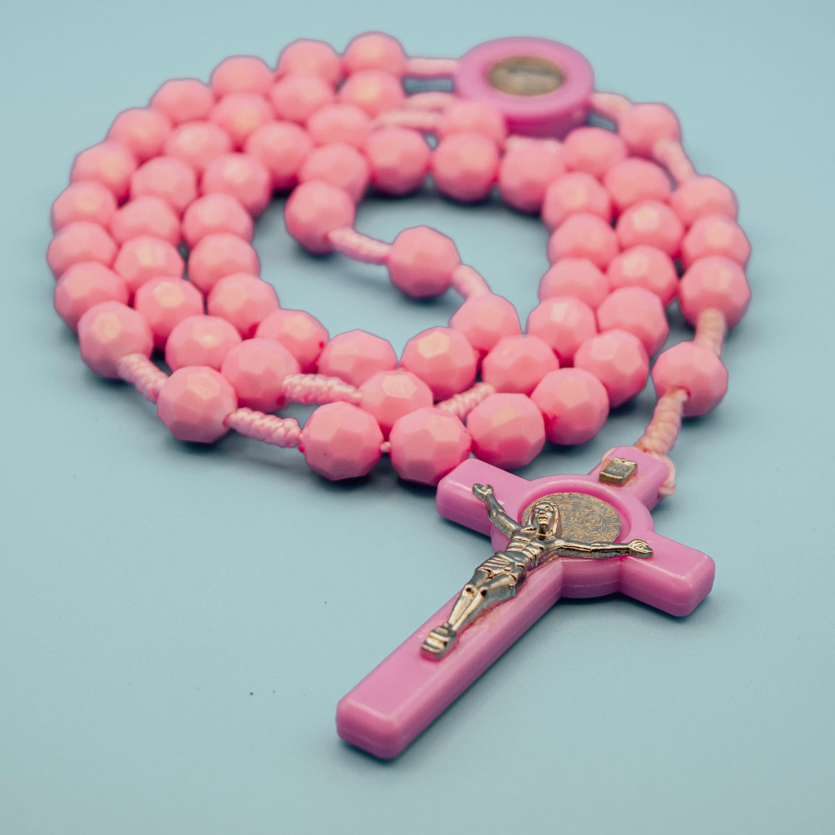 Full five-decade pink Rosary with Saint Benedict crucifix
