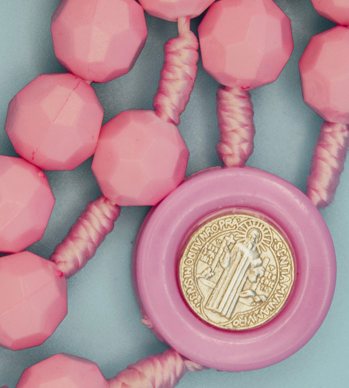 Pink faceted bead Catholic Rosary with knotted cord