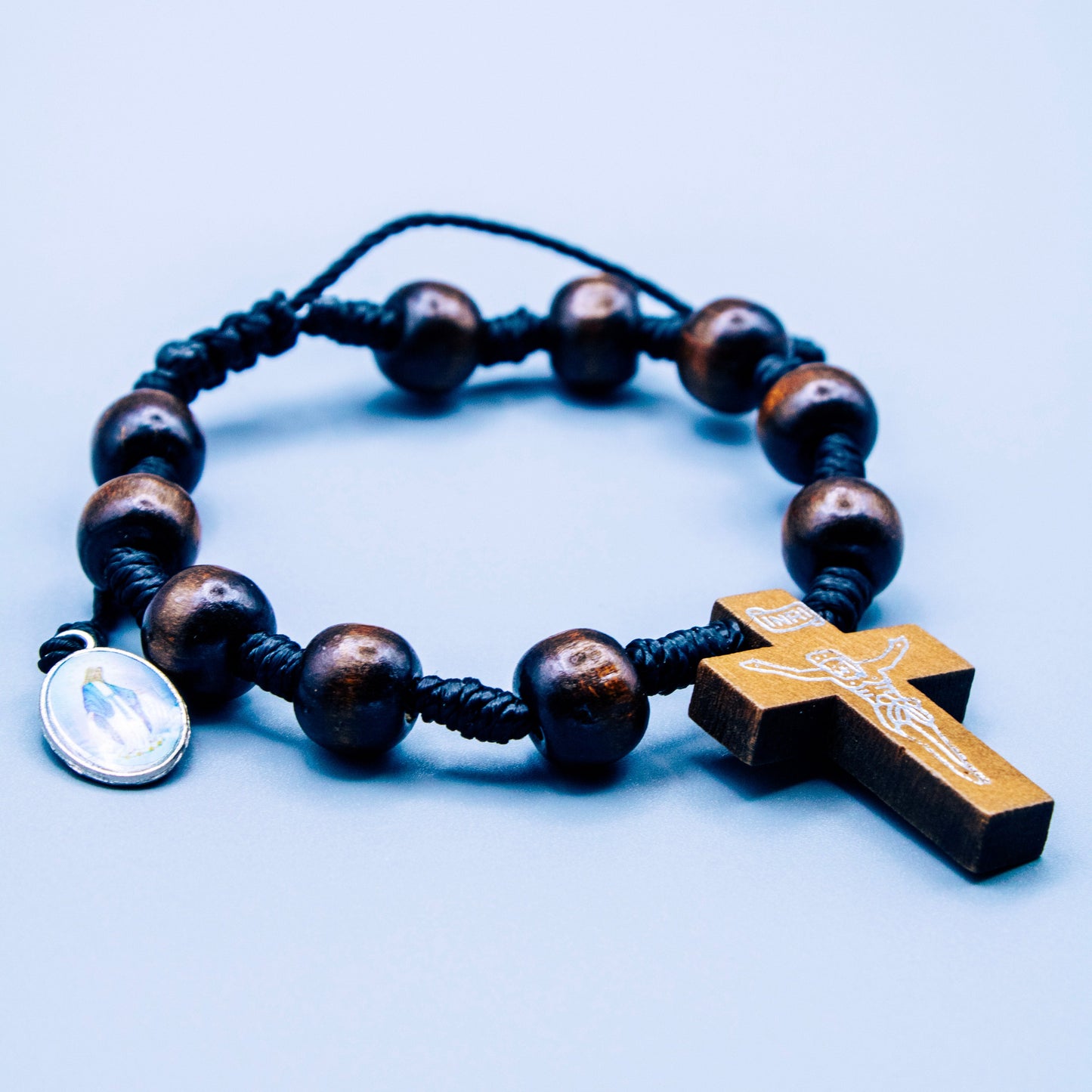 Blessed Mother Medal with Wooden Cross on Bracelet