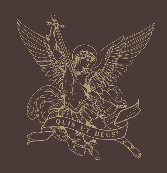 Illustration of an angel holding a sword and banner with 'Quis ut Deus?' text on a brown background