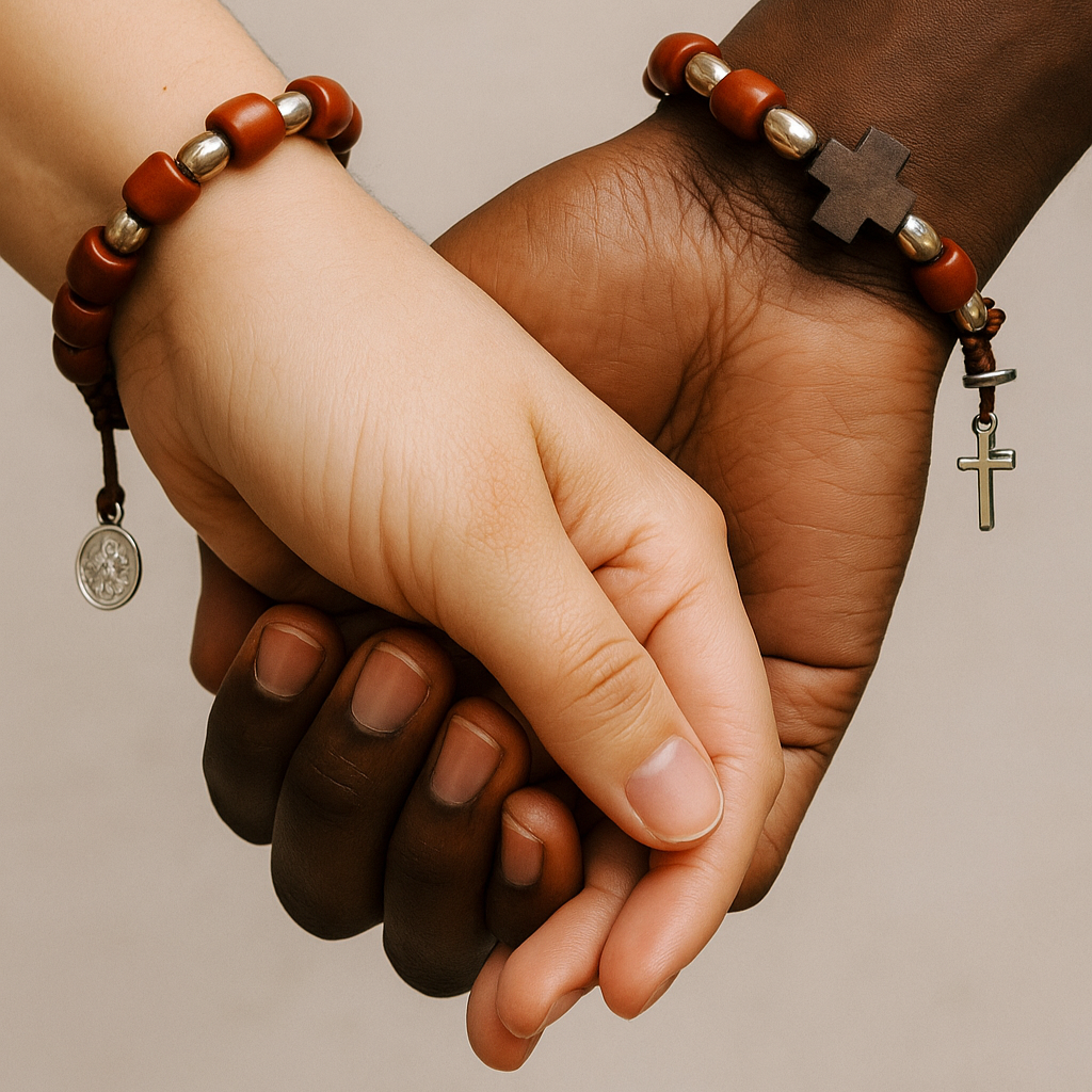 Holding hands with St. Benedict Medal Rosary Bracelet