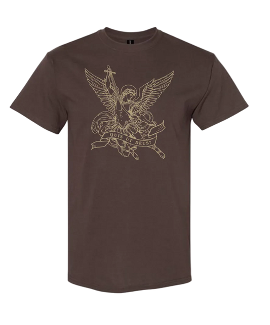 Brown t-shirt with an angel graphic and text on a white background